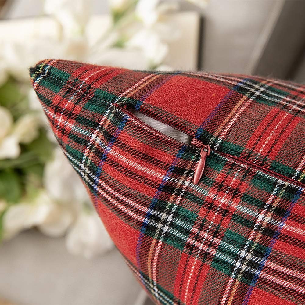 Christmas Set of 2 Scottish Tartan Plaid Throw Pillow Covers Farmhouse Classic Decorative Outdoor Square Cushion Cases for Home Decor Sofa Couch 18X18 Inch, Red