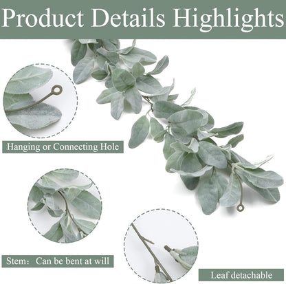 6 Ft Artificial Flocked Lambs Ear Garland - Greenery Vines, Faux Green Leaves for Mantle, Wedding, Home Party Decor, DIY Floral (1 Pack)