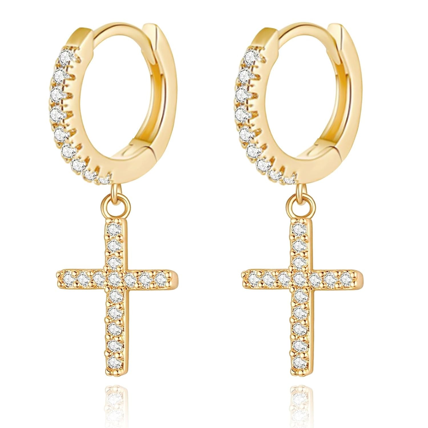 Mother'S Day Gold Hoop Earrings for Women 14K Gold Plated Huggie Hoop Earring Diamond Cut Cubic Zirconia Cross Earrings Hypoallergenic Dangle Earrings Jewelry Gift for Girls and Ladies (Cross-Gold)