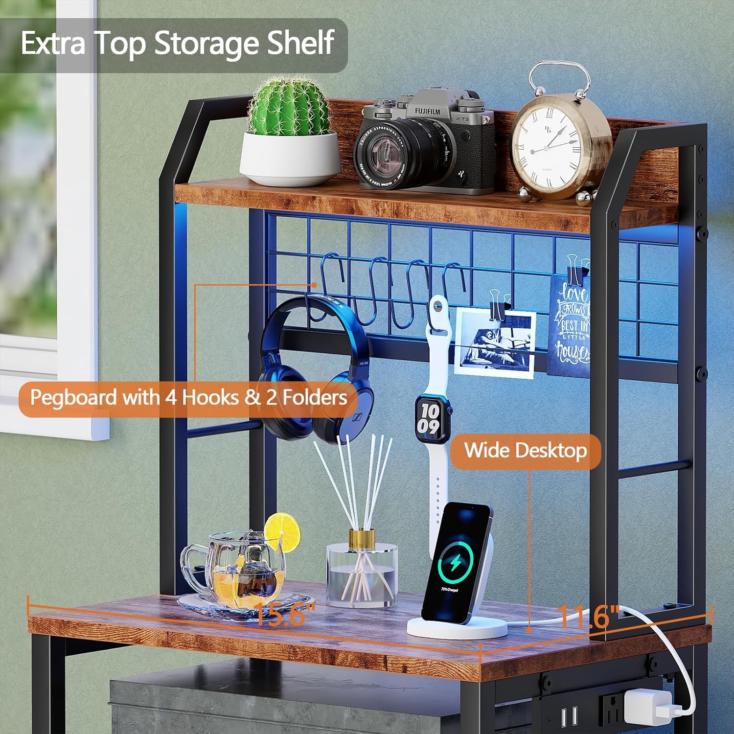 40'' Tall Nightstand with Charging Station, Bedside Table with LED Lights, End Table with 2 Drawers and Storage Shelves, Night Stand with Pegboard for Bedroom, Rustic Brown