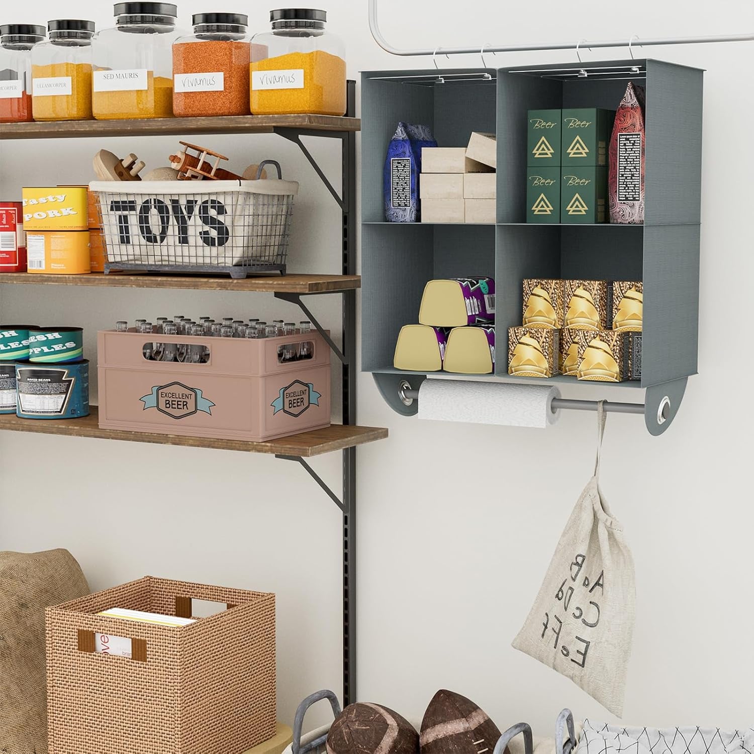 4-Section Hanging Closet Organizer and Storage, Heavy Duty Hanging Shelves with Rod, Closet Storage for College Dorms, RV, Dark Grey