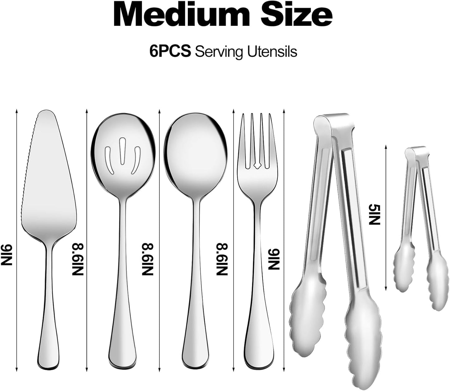 Serving Utensils,  6-Piece Stainless Steel Serving Utensil Set Include Serving Spoon, Slotted Serving Spoon, Serving Fork,Serving Tong, Appetizers Tong,Pie Server (Silver), Regular