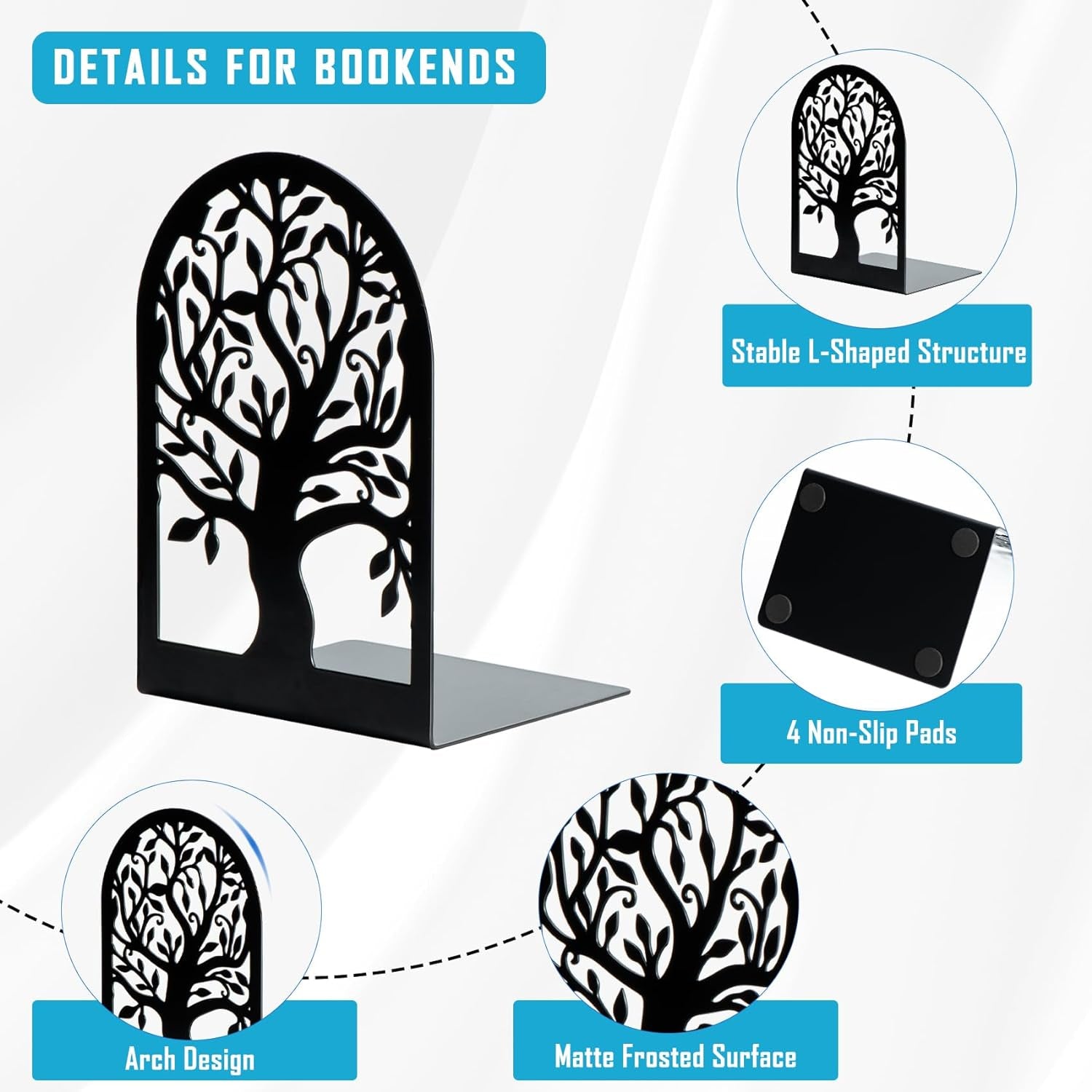 Book Ends, Metal Bookends for Shelves, Modern Tree Book Ends Decorative, Heavy Duty Book Holders Book Stoppers for Home Office Decor, 6.9"X4.7"X3.5" (5 Pairs/10 Pcs)