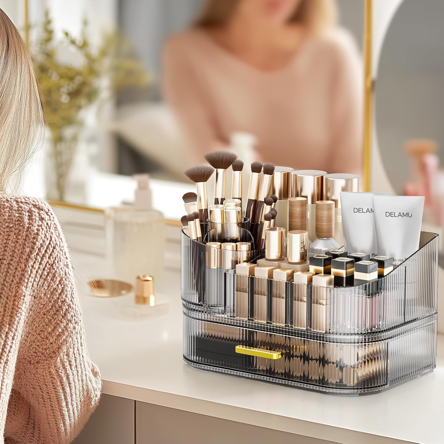 Makeup Organizer for Vanity with Stackable Drawers, 360 Rotating Makeup Brush Holder Large Cosmetic Display Case for Dresser, Bathroom Countertop Skincare Organizers and Storage, Crystal Black