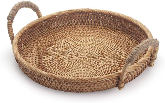 Rattan round Fruit Basket for Table Wicker Bread Tray with Handle for Serving Food, Crackers, Snacks (11Inch D X 1.8Inch H)