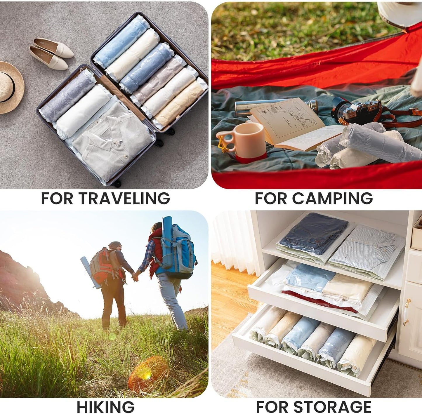 12 Pack Travel Compression Bags, Roll up Space Saver Bags (6 Large+6 Medium), No Vacuum Needed Reusable Packing for Luggage, Suitcase, Backpack, Travel Essentials, Cream