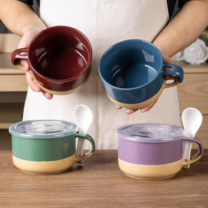 Professional Ceramic Soup Mugs Set of 4 with Handles and Lids, 24 OZ Capacity, Terracotta Underside, Includes Spoons for Soup, Cereal, Salad, Noodles, Ramen, Microwave and Dishwasher Safe, Multicolor