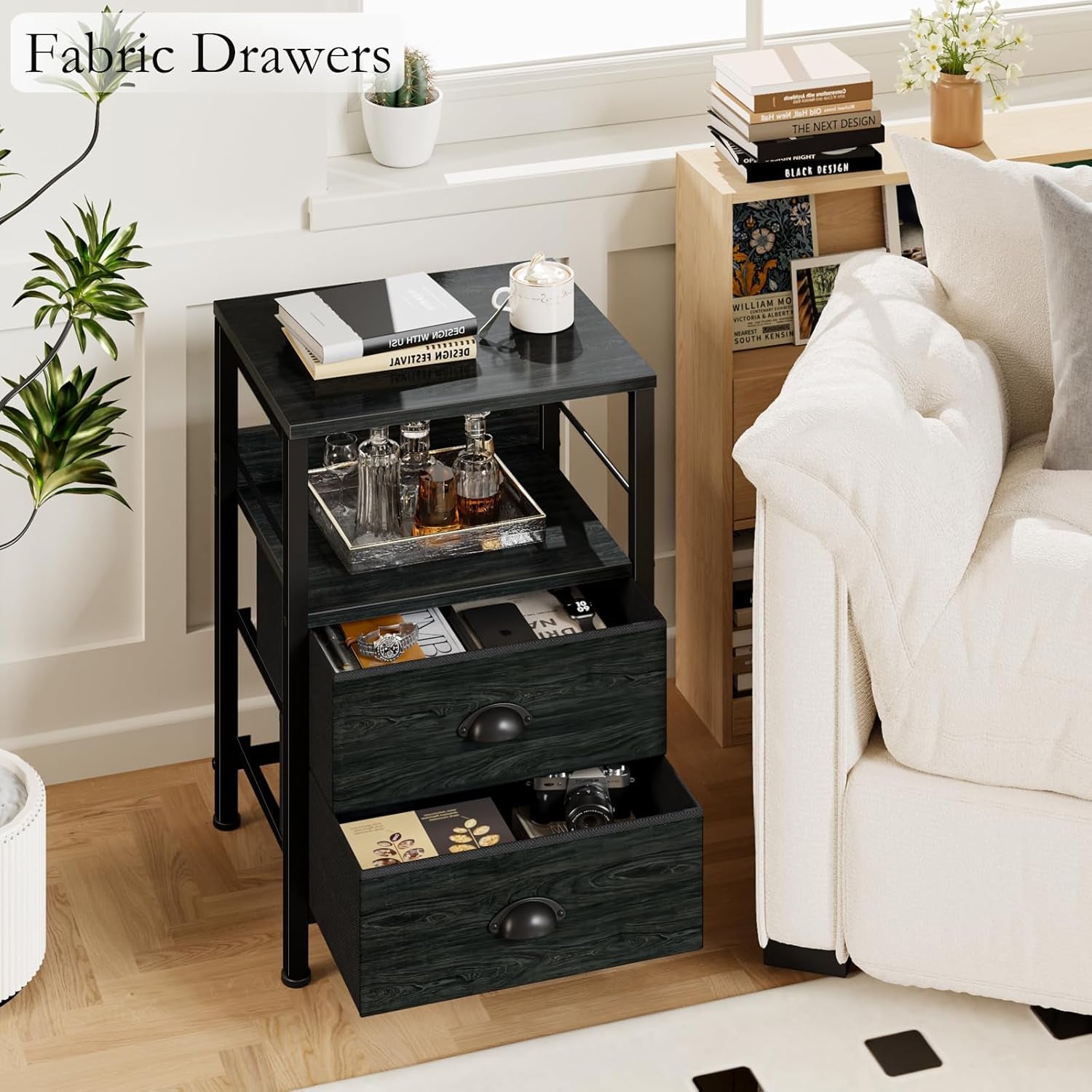 Nightstands Set 2, End Tables with 2 Fabric Drawers, Bedside Tables with Hooks and Shelf, Side Tables for Bedroom/Living Room/Study/Black Oak