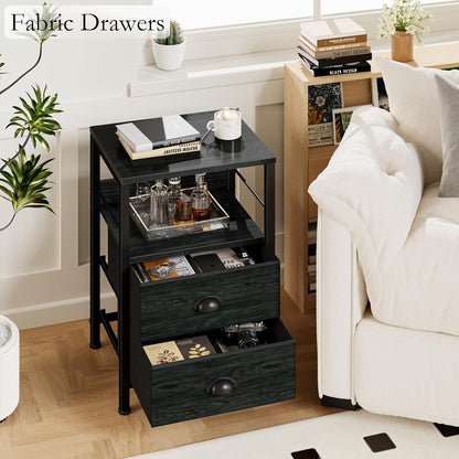 Nightstands Set 2, End Tables with 2 Fabric Drawers, Bedside Tables with Hooks and Shelf, Side Tables for Bedroom/Living Room/Study/Black Oak