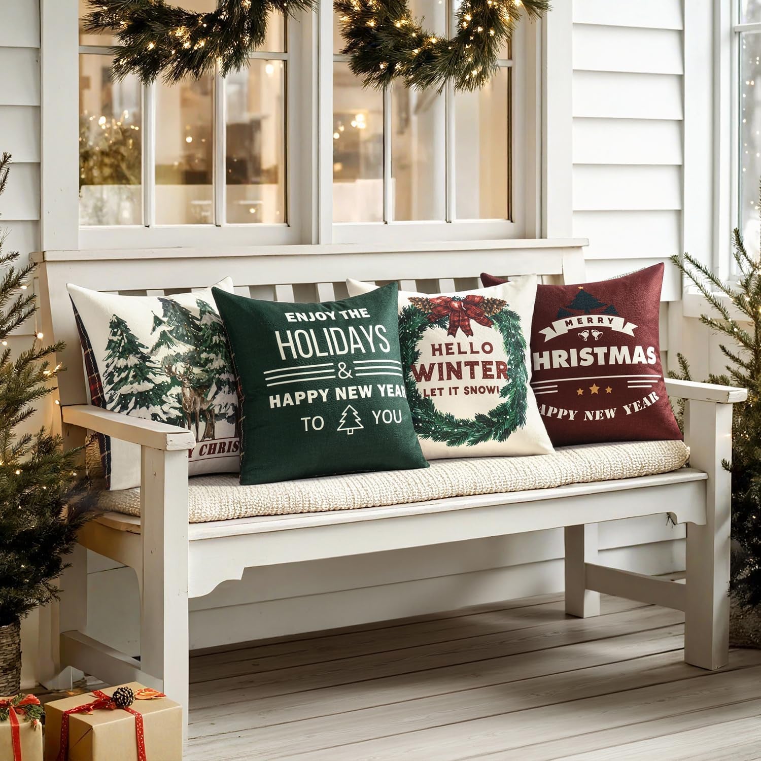 Christmas Tree Reindeer Wreath Pillow Covers Red and Green Plaid Throw Pillow Covers Set of 4 Winter Holiday Cushion Case Decoration Farmhouse Modern for Sofa Couch Home Decor,18X18 Inch