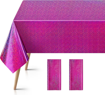 Fuchsia Holographic Foil Tablecloths - Set of 2, 54x108 Durable Table Covers with Elegant Shimmer for Parties, Weddings, and Showers