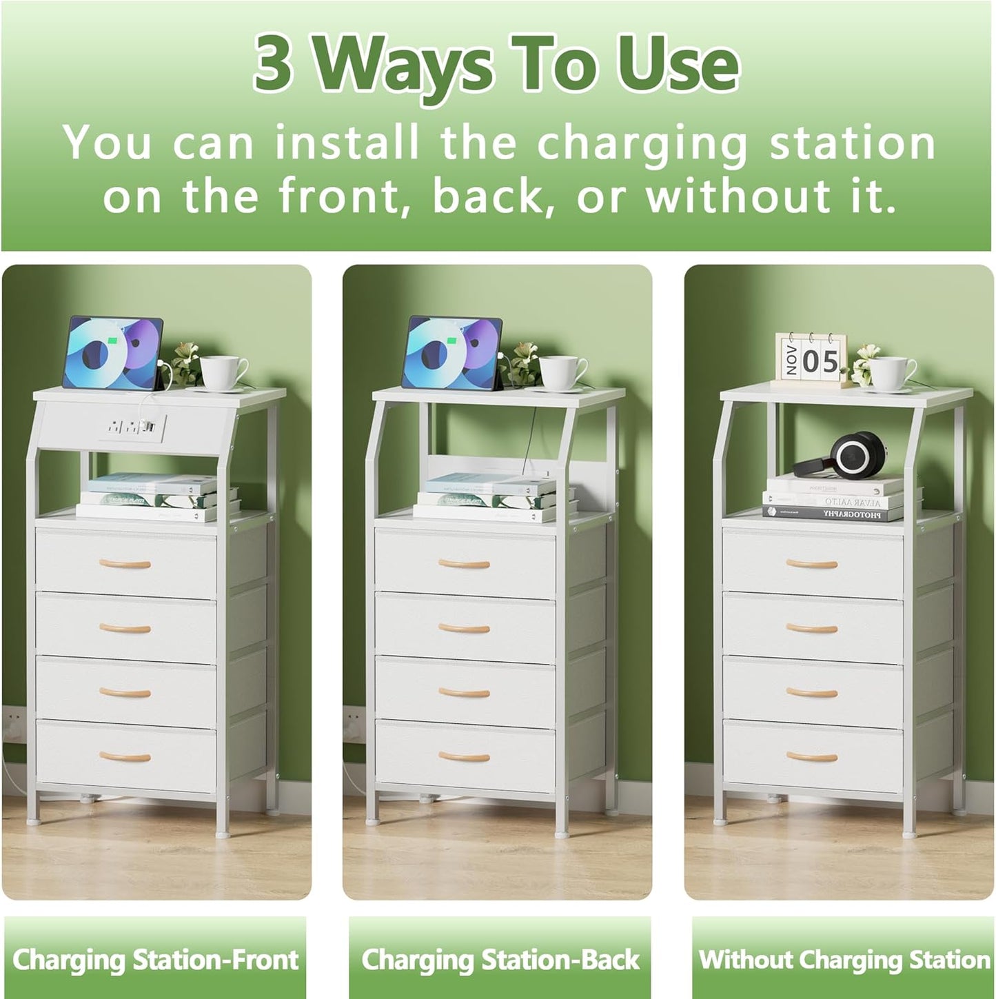 Elegant Nightstand with Integrated Charging Station, Versatile Dresser Featuring PVC and Fabric Drawers, 33.3-Inch Side Table with Open Shelf, Ideal for Bedroom, Closet, and Entryway Use, White Finish