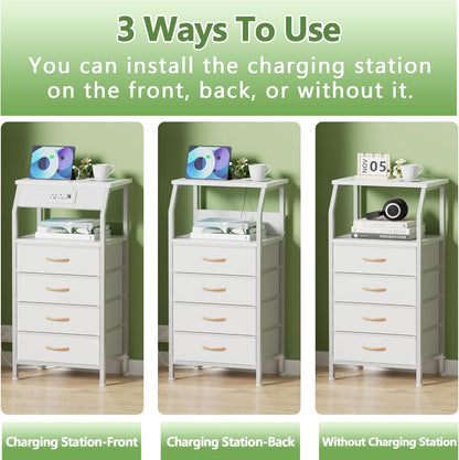 Elegant Nightstand with Integrated Charging Station, Versatile Dresser Featuring PVC and Fabric Drawers, 33.3-Inch Side Table with Open Shelf, Ideal for Bedroom, Closet, and Entryway Use, White Finish