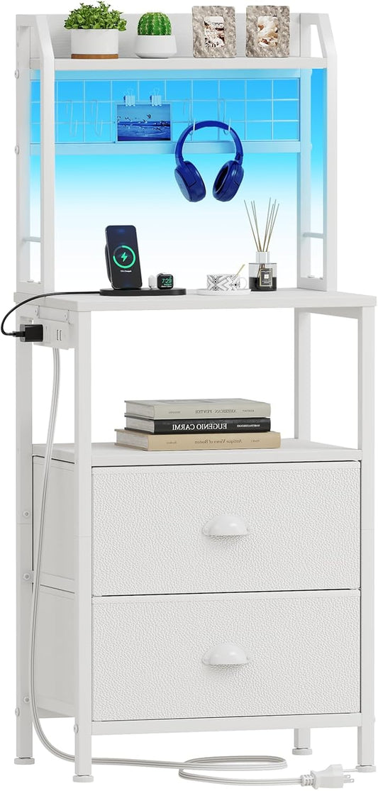 40'' Tall Nightstand with Charging Station, Bedside Table with LED Lights, End Table with 2 Drawers and Storage Shelves, Night Stand with Pegboard for Bedroom, White