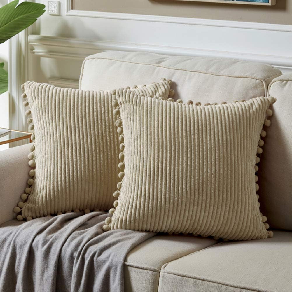 Tan Boho Decorative Throw Pillow Covers 18X18 with Pom-Poms, Soft Corduroy Solid Square Cushion Cases Set for Living Room Couch Sofa Bedroom Car (18X18 Inch/45X45 Cm, Khaki)