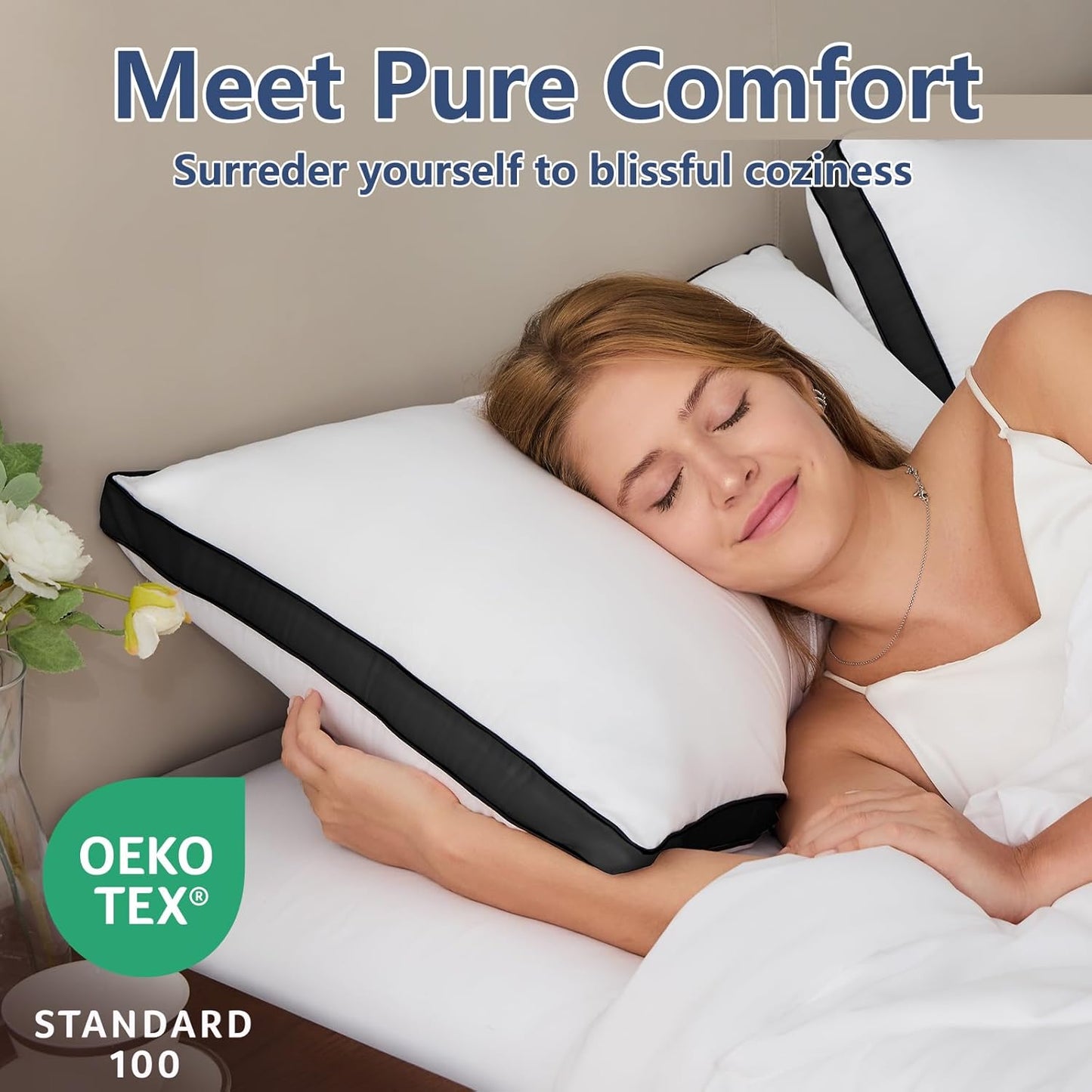 Pillows Queen Size Set of 2, Soft and Supportive 3D down Alternative Bed Pillow for Sleeping 2 Pack Black, Luxury Hotel Quality Gusseted Bedding Pillow for Back, Stomach or Side Sleepers 18X28