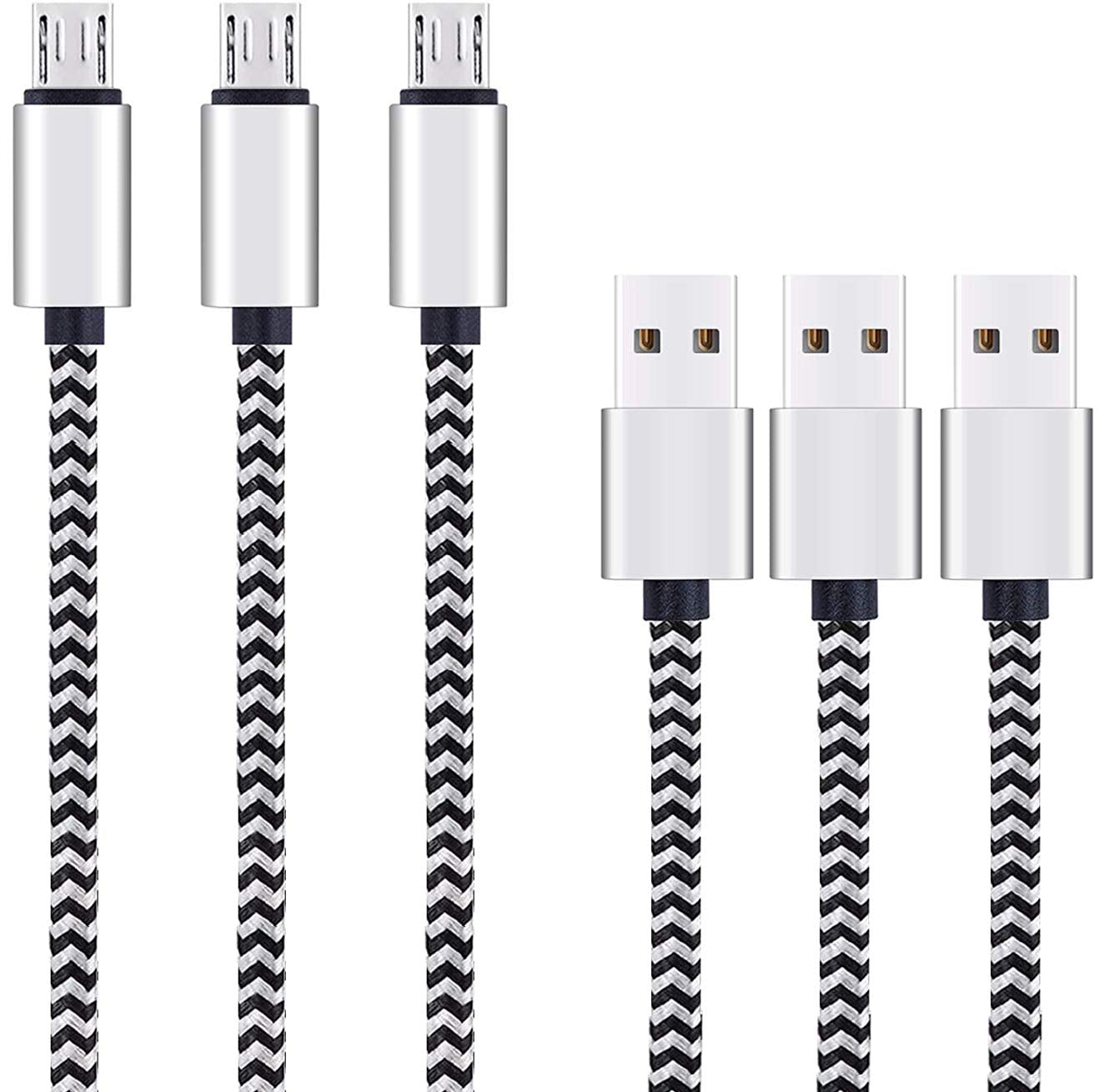 Micro USB Cable,[10Ft3Pack], High Speed 2.0 USB a Male to Micro USB Sync & Charging Nylon Braided Cable for Android Smartphone Tablets Wall and Car Charger Connection[Silver&Blackwhite]