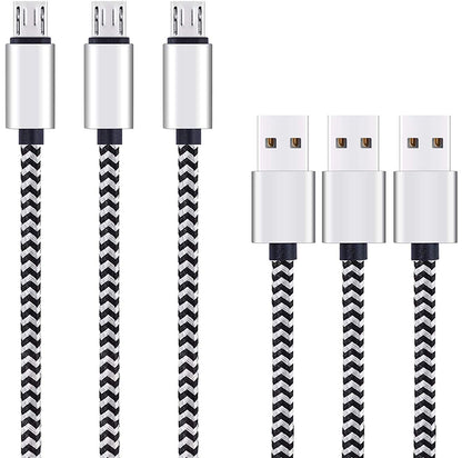 Micro USB Cable,[10Ft3Pack], High Speed 2.0 USB a Male to Micro USB Sync & Charging Nylon Braided Cable for Android Smartphone Tablets Wall and Car Charger Connection[Silver&Blackwhite]