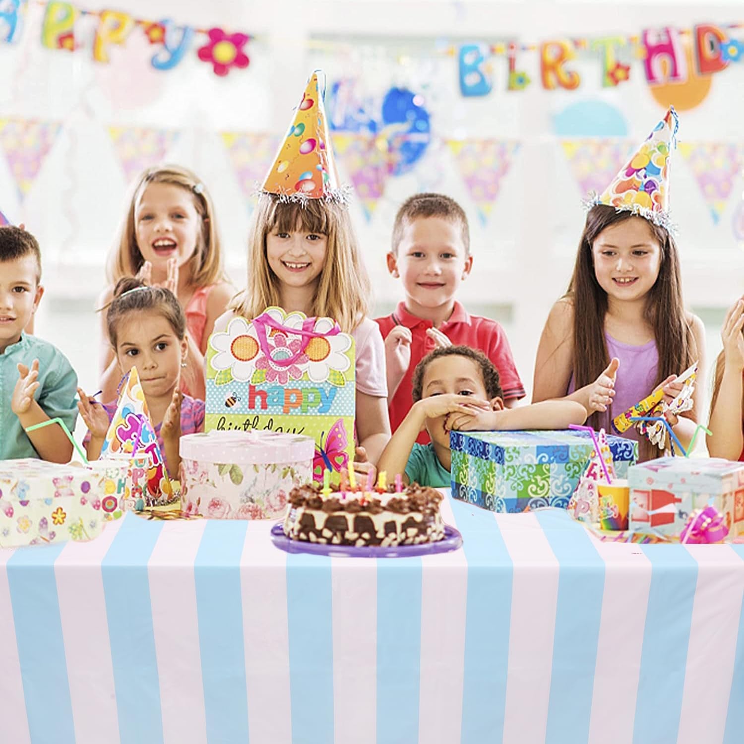 3 Packs Light Blue and White Striped Table Cloth 54 X 108 Inches Bluey Stripe Table Cover Disposable Plastic Beach Tablecloths Waterproof Rectangle Picnic Tablecover for Pool Birthday Party