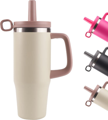 32Oz Water Bottle with Straw, Tumbler with Handle & Lid, Insulated Water Bottle with Straw Cover Cap, Travel Coffee Mug for Hot/Iced Water, Tea or Coffee, Bpa-Free, Cupholder Friendly, Khaki