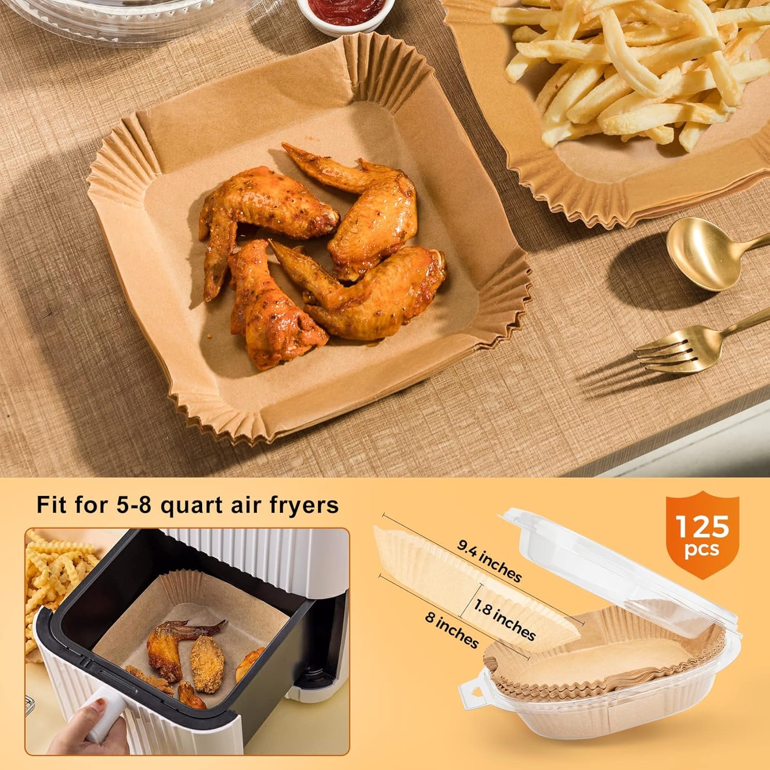 Air Fryer Liners Disposable, 100 PCS Non-Stick Air Fryer Paper Liners, Waterproof and Oilproof for Easy Cleanup, 8" Square Unbleached Parchment Paper for 5-8 QT Air Fryer, Baking, Microwave, Oven