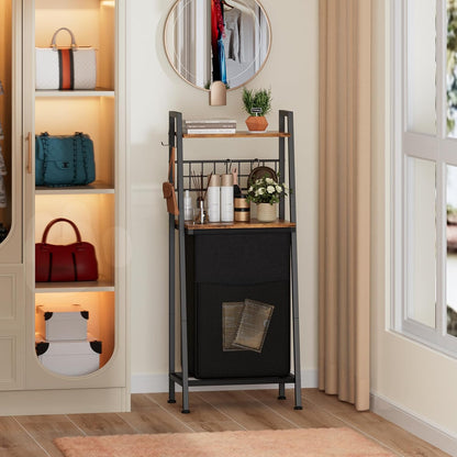 2-Tier Laundry Hamper with Wooden Shelf and Hooks, Vertical Design with Pull-Out Removable Bag, Divided Clothes Storage for Bathroom, Bedroom, and Dormitory