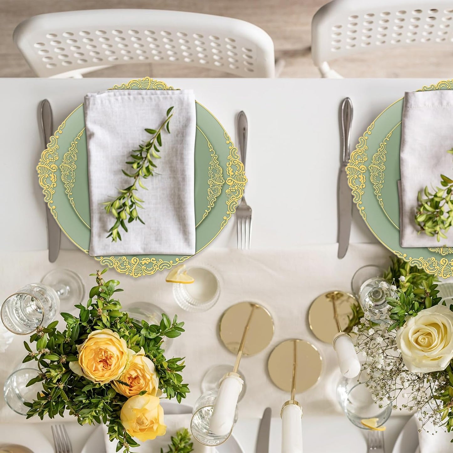 300-Piece Sage Green Plastic Dinnerware Set with Gold Accents - Includes 50 Dinner Plates (10.2"), 50 Dessert Plates (7.5"), and 150 Gold Utensils for Weddings and Events