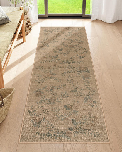 Floral Easy Jute Kitchen Runner Rug, 2X6 Carpet for Hallway 6Ft Non Slip Outdoor Mat for Entryway, Neutral Indoor Outdoor Runner Rugs Washable Carpet for Hallways