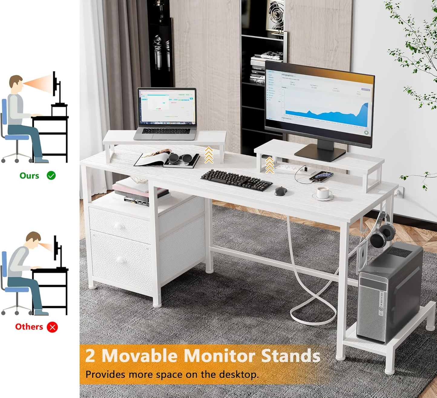 47" Computer Desk with File Cabinet and Power Outlets, Home Office Desk with 2 Monitor Stands and Storage Drawer, Writing Gaming Table with Shelves and 2 Hooks for Bedroom, White