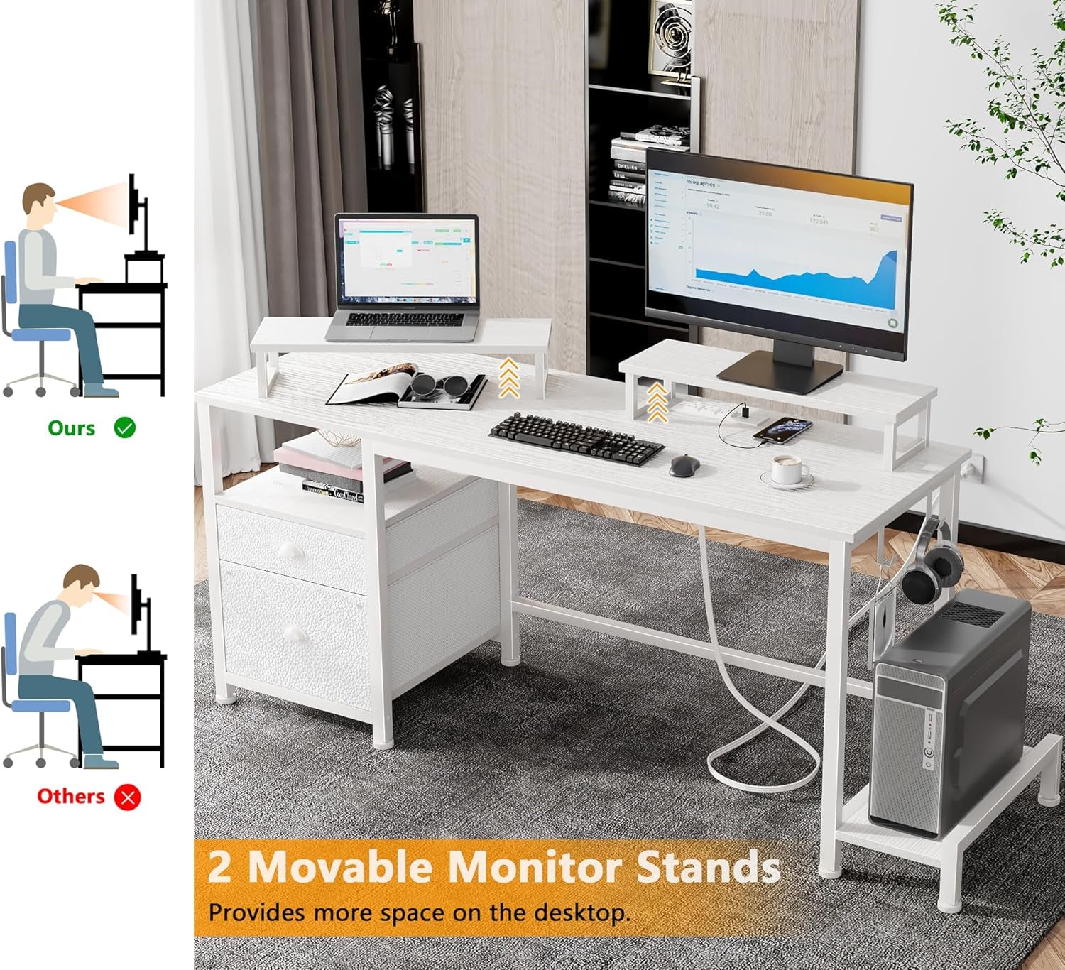47" Computer Desk with File Cabinet and Power Outlets, Home Office Desk with 2 Monitor Stands and Storage Drawer, Writing Gaming Table with Shelves and 2 Hooks for Bedroom, White