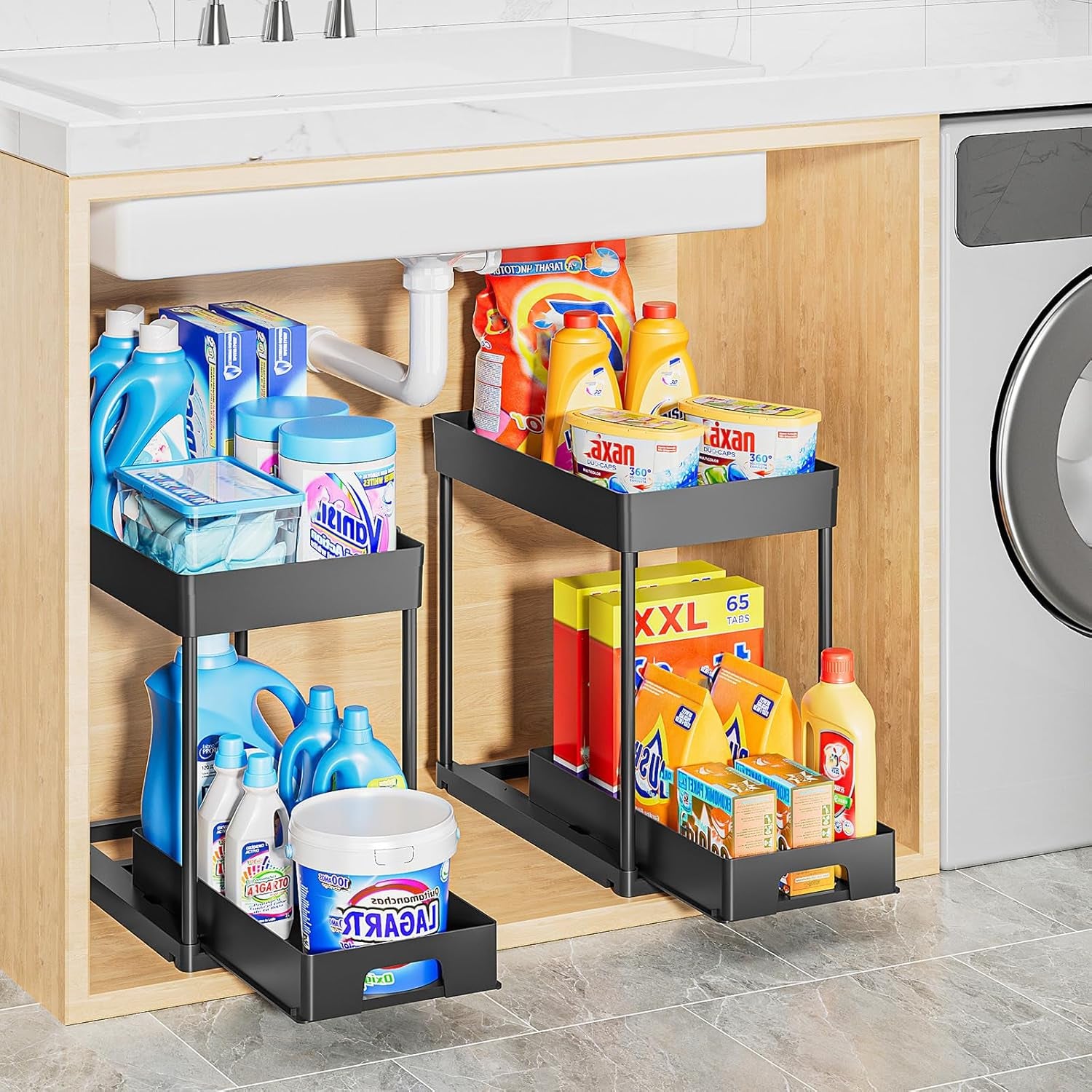 2 Pack under Sink Organizers and Storage, 2 Tier Pull Out under Cabinet Organizer, Black under Sink Storage for Bathroom Kitchen, under Counter Storage Organizer with 8 Hooks