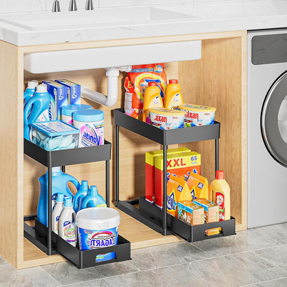 2 Pack under Sink Organizers and Storage, 2 Tier Pull Out under Cabinet Organizer, Black under Sink Storage for Bathroom Kitchen, under Counter Storage Organizer with 8 Hooks
