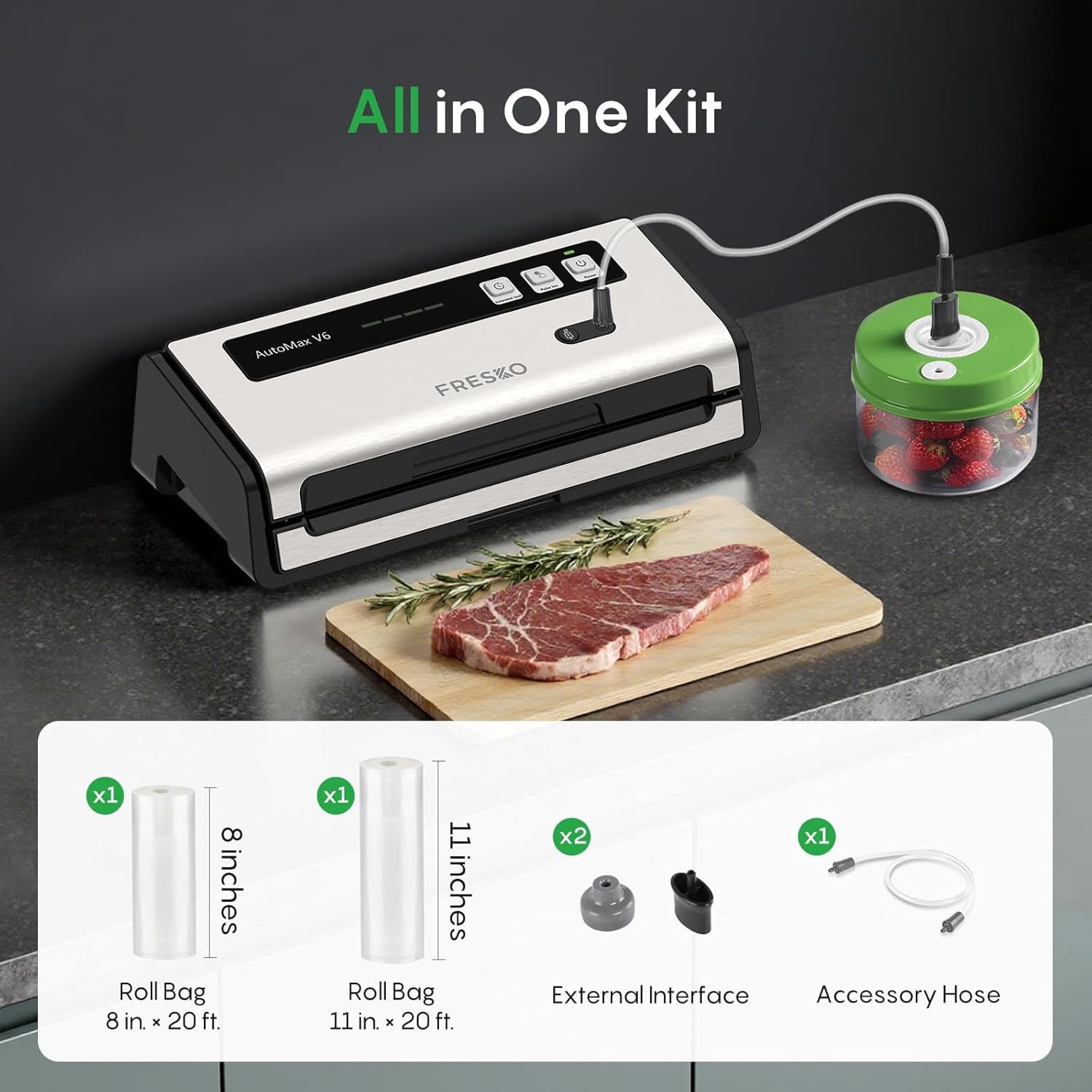 Food Vacuum Sealer with Automatic Bag Detection, Double Heat Seal, Built-In Bag Roll Storage & Cutter, 2 Rolls Bags, Starter Kit