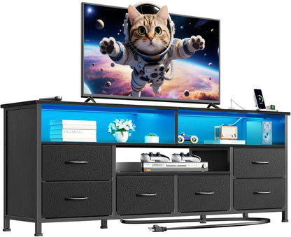 55" LED TV Stand for Bedroom with Power Outlets, Entertainment Center with 6 Fabric Drawers for 50/55/60 Inch Tvs, Dresser TV Stand Long Console Media Table for Living Room, PU Black