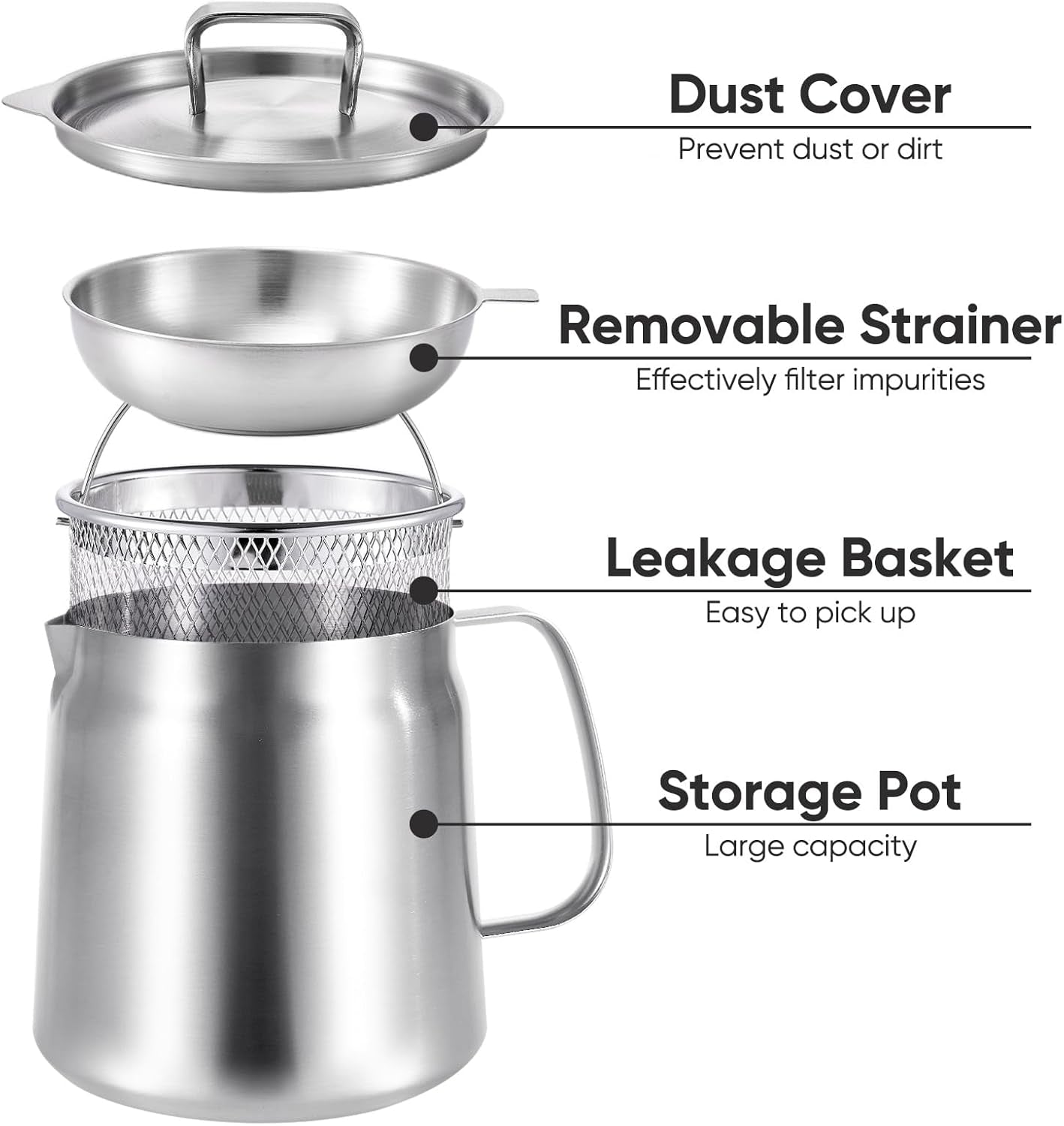 68Oz/2L 304 Stainless Steel Oil Container, Cooking Oil Filter Pot with Mesh Strainer, Grease Container with Lid for Kitchen, Dishwasher Safe