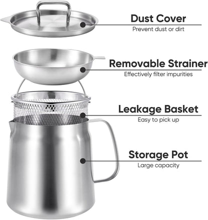 68Oz/2L 304 Stainless Steel Oil Container, Cooking Oil Filter Pot with Mesh Strainer, Grease Container with Lid for Kitchen, Dishwasher Safe