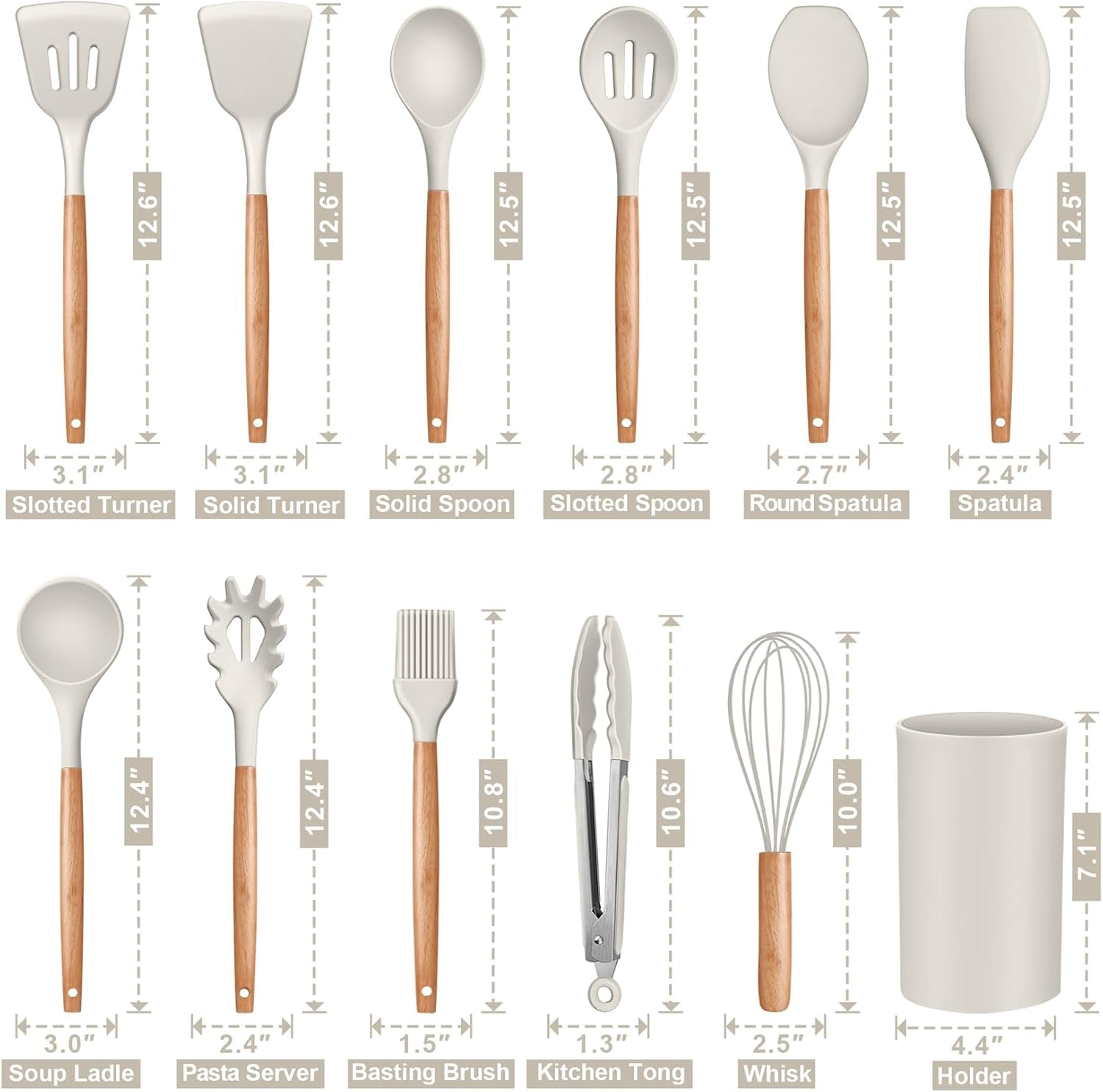 Silicone Cooking Utensils Set, 12PCS Kitchen Utensils Set with Wooden Handle for Nonstick Cookware, Ladle, Spoon, Spatula, Tong, Heat-Resistant & Non-Scratch, Non Smell & Healthy, Khaki