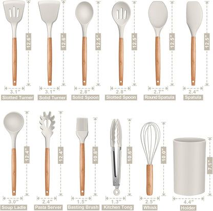 Silicone Cooking Utensils Set, 12PCS Kitchen Utensils Set with Wooden Handle for Nonstick Cookware, Ladle, Spoon, Spatula, Tong, Heat-Resistant & Non-Scratch, Non Smell & Healthy, Khaki
