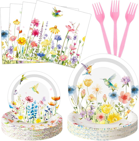 Wildflower Themed Party Supplies: 96 Disposable Paper Plates and Napkins for Baby Showers, Birthdays, and Seasonal Celebrations, Serving 24 Guests