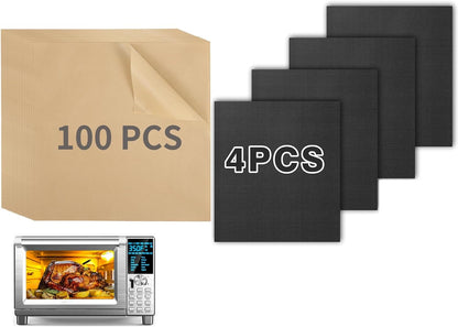 Air Fryer Liners Disposable, 100Pcs Parchment Paper with 4Pcs Teflon Mats Compatible with Nuwave 30QT Air Fryer Toaster Oven, Non-Stick Parchment Paper for Baking