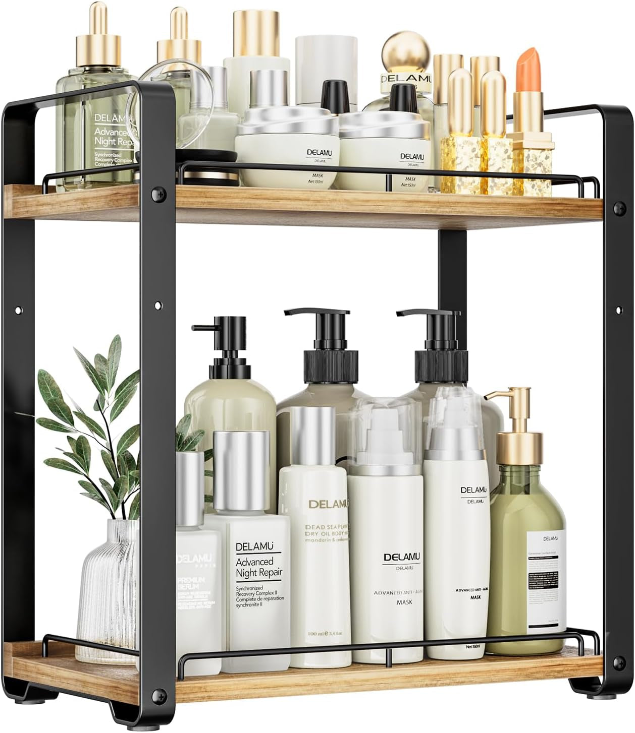2-Tier Bathroom Counter Organizer, Wood Vanity Organizer Countertop for Skincare & Makeup, Multi-Purpose Vanity Bathroom Shelf for Coffee Station Kitchen Storage and Organization