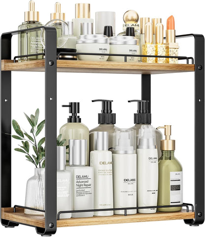 2-Tier Bathroom Counter Organizer, Wood Vanity Organizer Countertop for Skincare & Makeup, Multi-Purpose Vanity Bathroom Shelf for Coffee Station Kitchen Storage and Organization