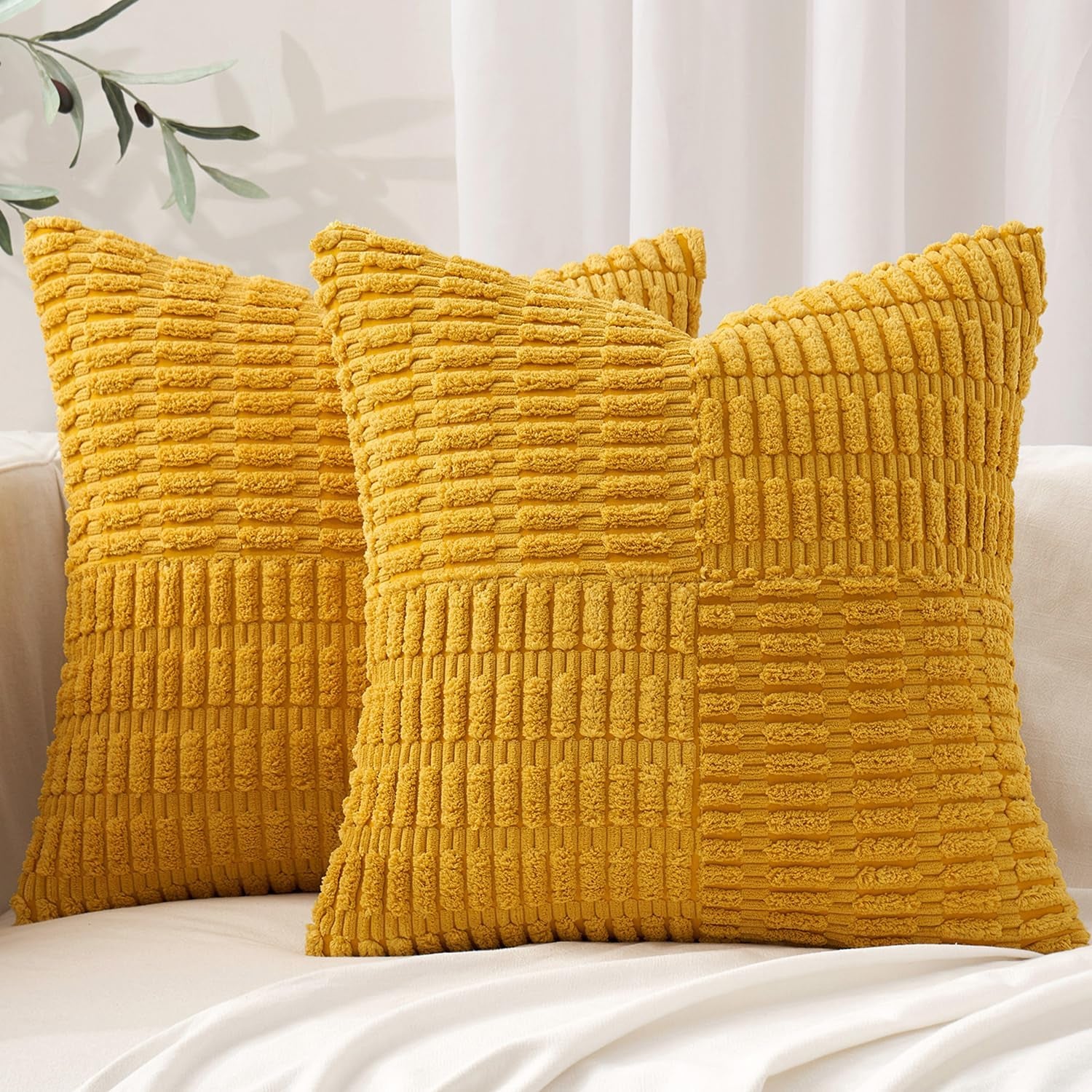 Set of 2 Mustard Yellow Decorative Pillow Covers 18X18 Inch Textured Striped Patchwork Accents Farmhouse Boho Soft Corduroy Couch Pillows for Sofa Living Room Bed Home Decor