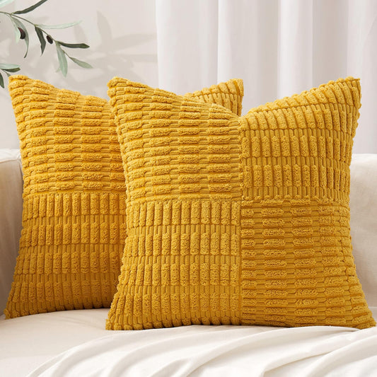 Set of 2 Mustard Yellow Decorative Pillow Covers 18X18 Inch Textured Striped Patchwork Accents Farmhouse Boho Soft Corduroy Couch Pillows for Sofa Living Room Bed Home Decor