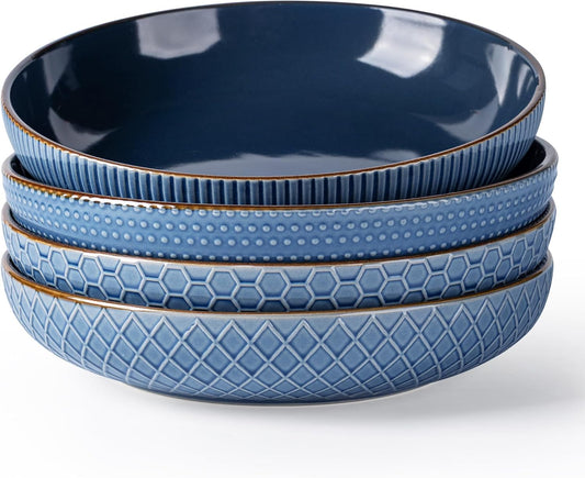Large 9.5-Inch Stoneware Pasta Bowls, 42 Ounce Ceramic Serving Bowls with Textured Design for Salads, Fruits, Stews, and Noodles, Set of 4 in Moonlight Blue - Ideal Housewarming Gift