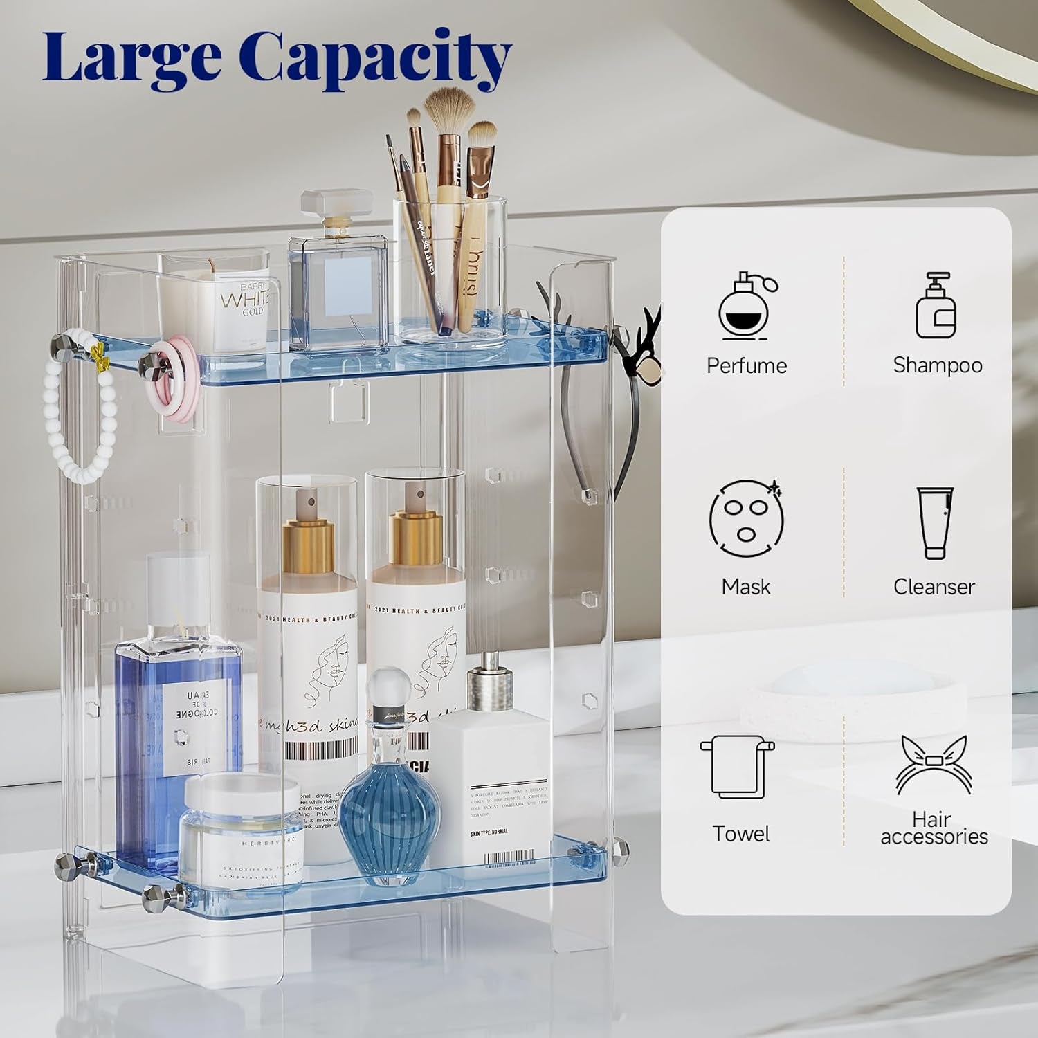 Bathroom Countertop Organizer, 2 Tier Adjustable Corner Makeup & Skincare Organizer with Protective Guard Rail, Transparent Design for Vanity, Bathroom Counter, Ideal for Girls