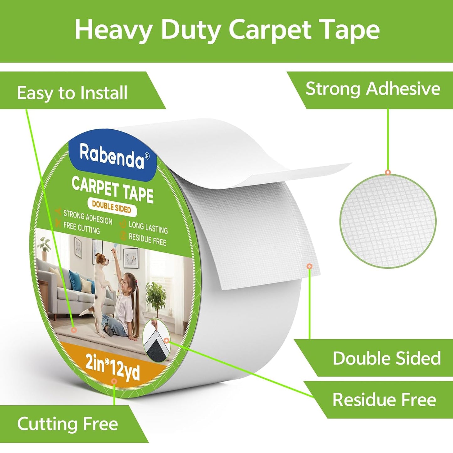 Double Sided Carpet Tape - 2 Inch X 12 Yards Removable Rug Tape for Hardwood Floors, Tile & Laminate - No Residue Strong Hold anti Slip Gripper for Area Rugs, Mats & Carpets