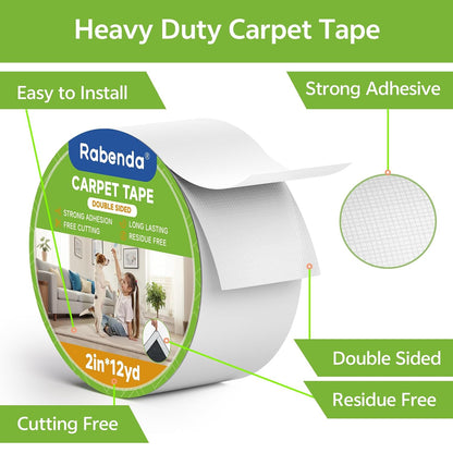 Double Sided Carpet Tape - 2 Inch X 12 Yards Removable Rug Tape for Hardwood Floors, Tile & Laminate - No Residue Strong Hold anti Slip Gripper for Area Rugs, Mats & Carpets
