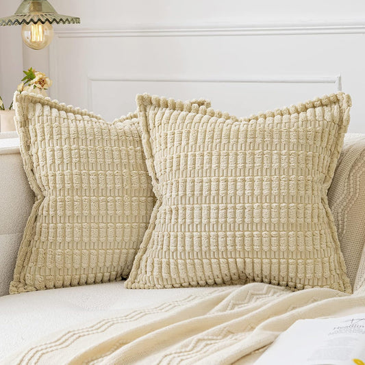 Beige Corduroy Decorative Throw Pillow Covers Pack of 2 Soft Striped Pillows Pillowcases with Broad Edge Winter Modern Boho Home Decor for Couch Sofa Bed 18X18 Inch
