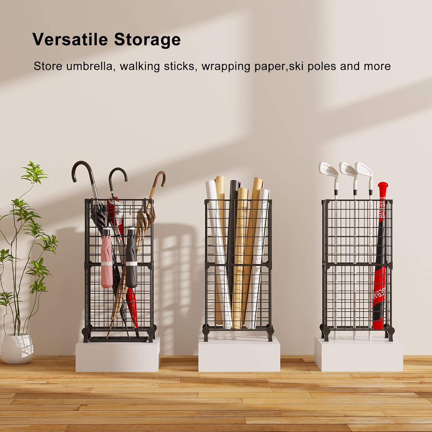Umbrella Holder Entryway, Umbrella Stand Freestanding, Metal Square Umbrella Rack Organizer with a Removable Drip Tray, Hooks, Black